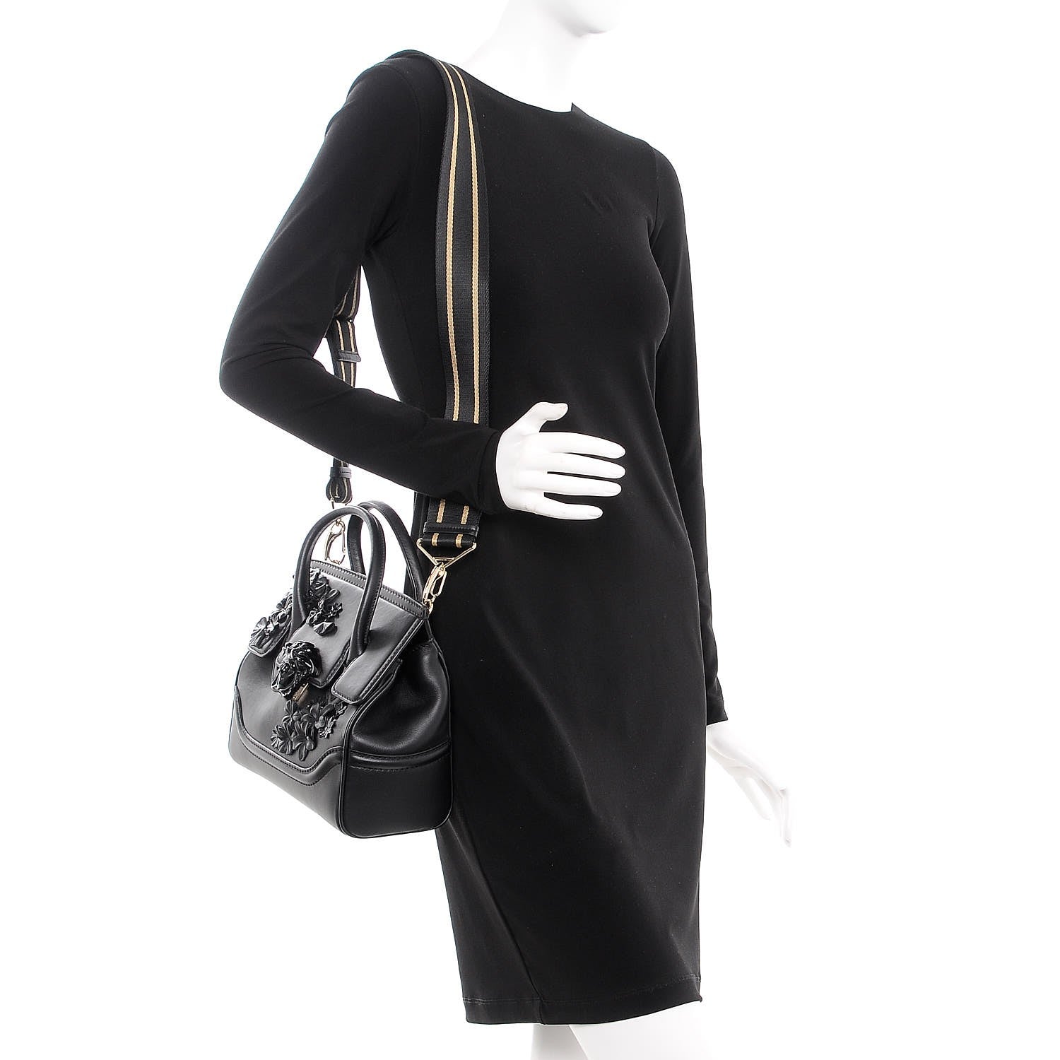 Versace Calfskin Floral Appliques Medium Palazzo Empire Bag Black 4 of 9