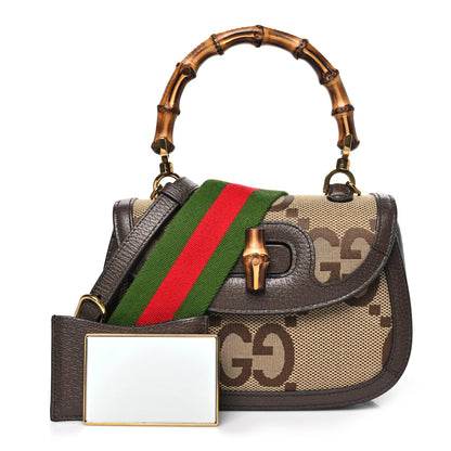 Gucci Monogram Jumbo GG Textured Dollar Calfskin Web Small Bamboo 1947 Top Handle Bag Camel Ebony New Acero 1 of 10