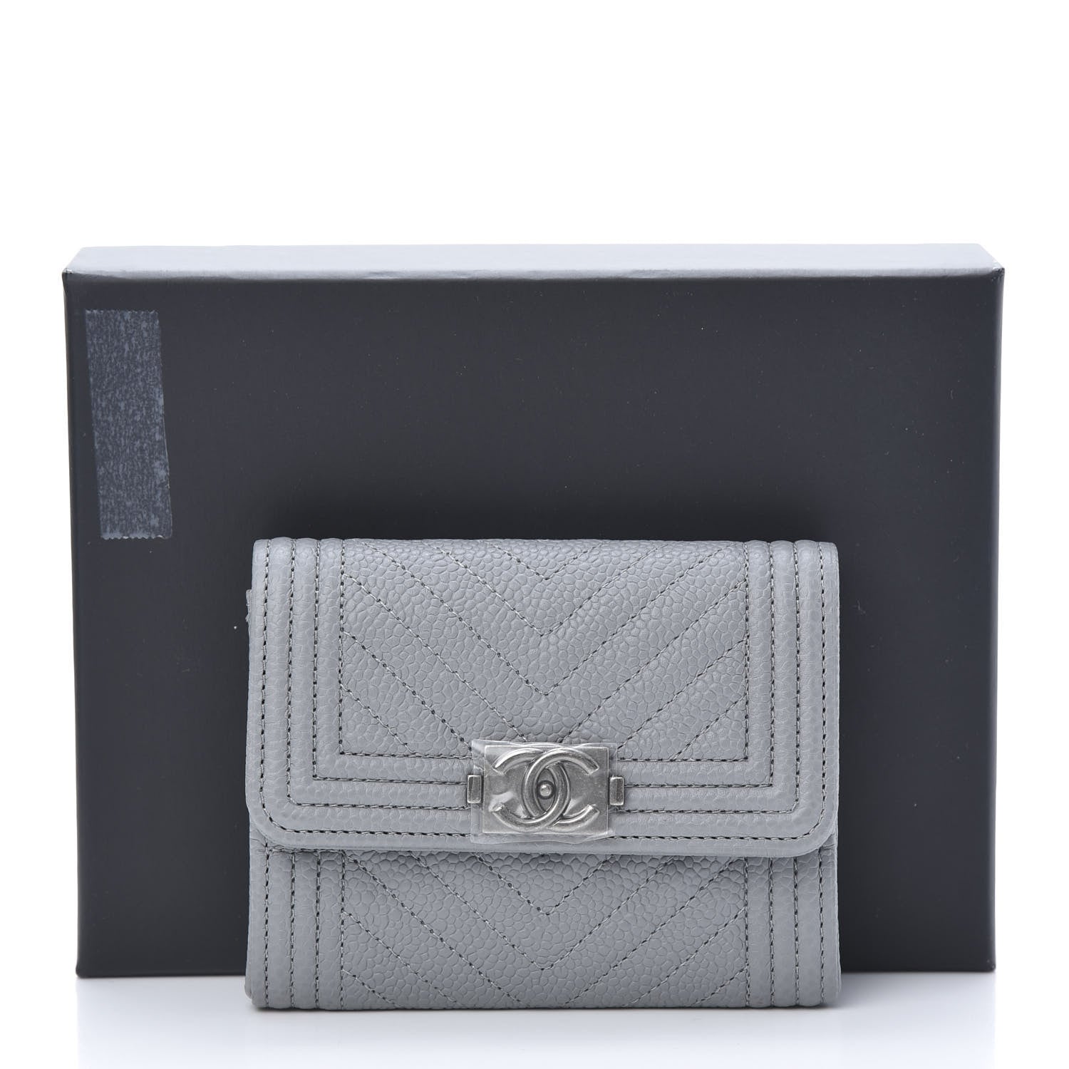 Chanel Caviar Chevron Quilted Boy Flap Card Holder Grey 9 of 9
