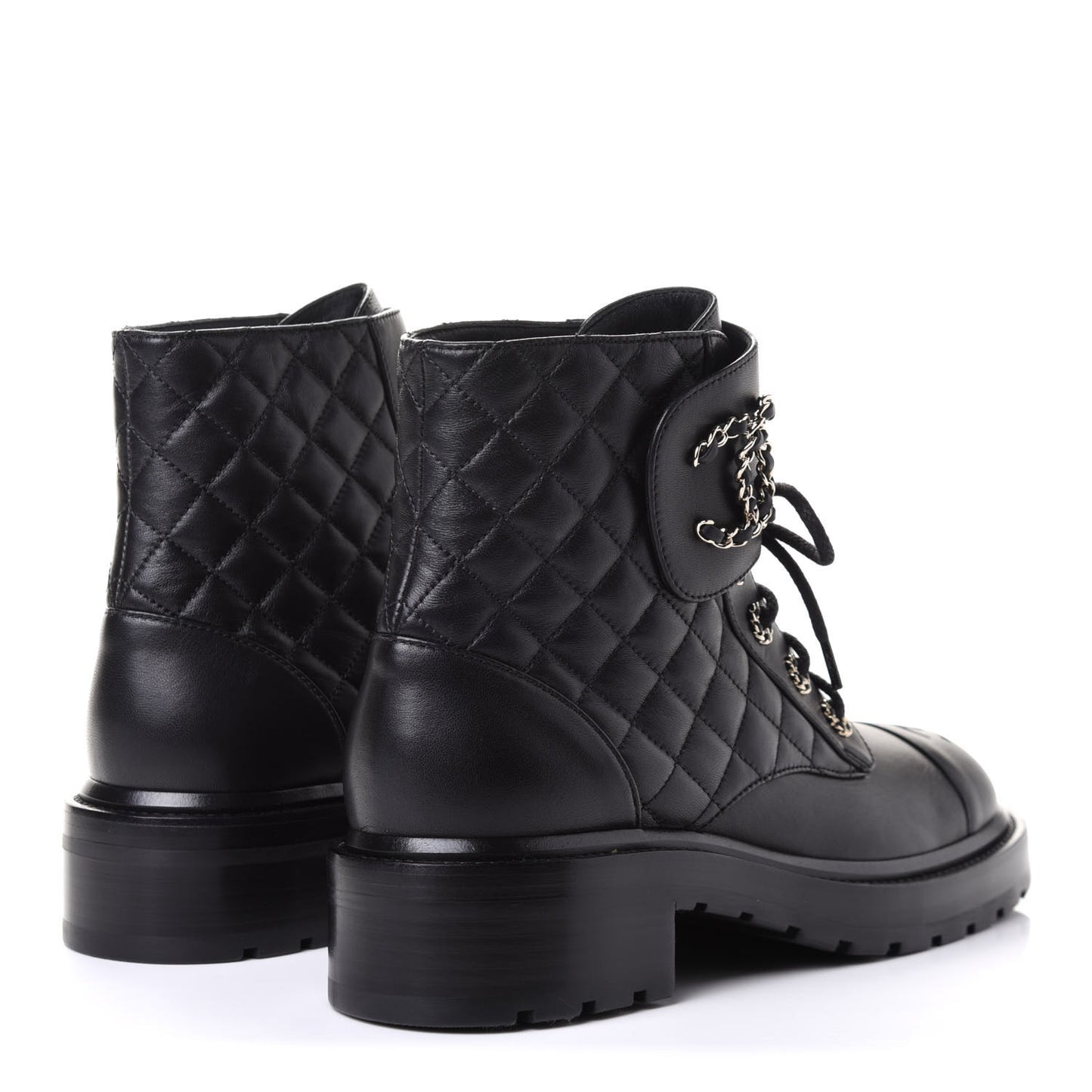 Shiny Lambskin Quilted Lace Up Combat Boots 40 Black