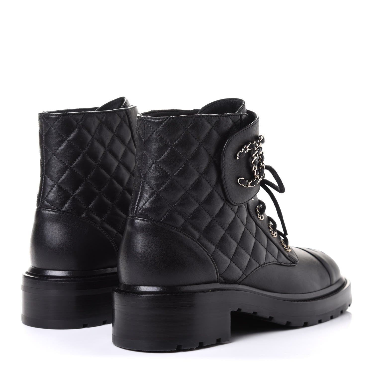 Chanel Shiny Lambskin Quilted Lace Up Combat Boots 40 Black 4 of 11
