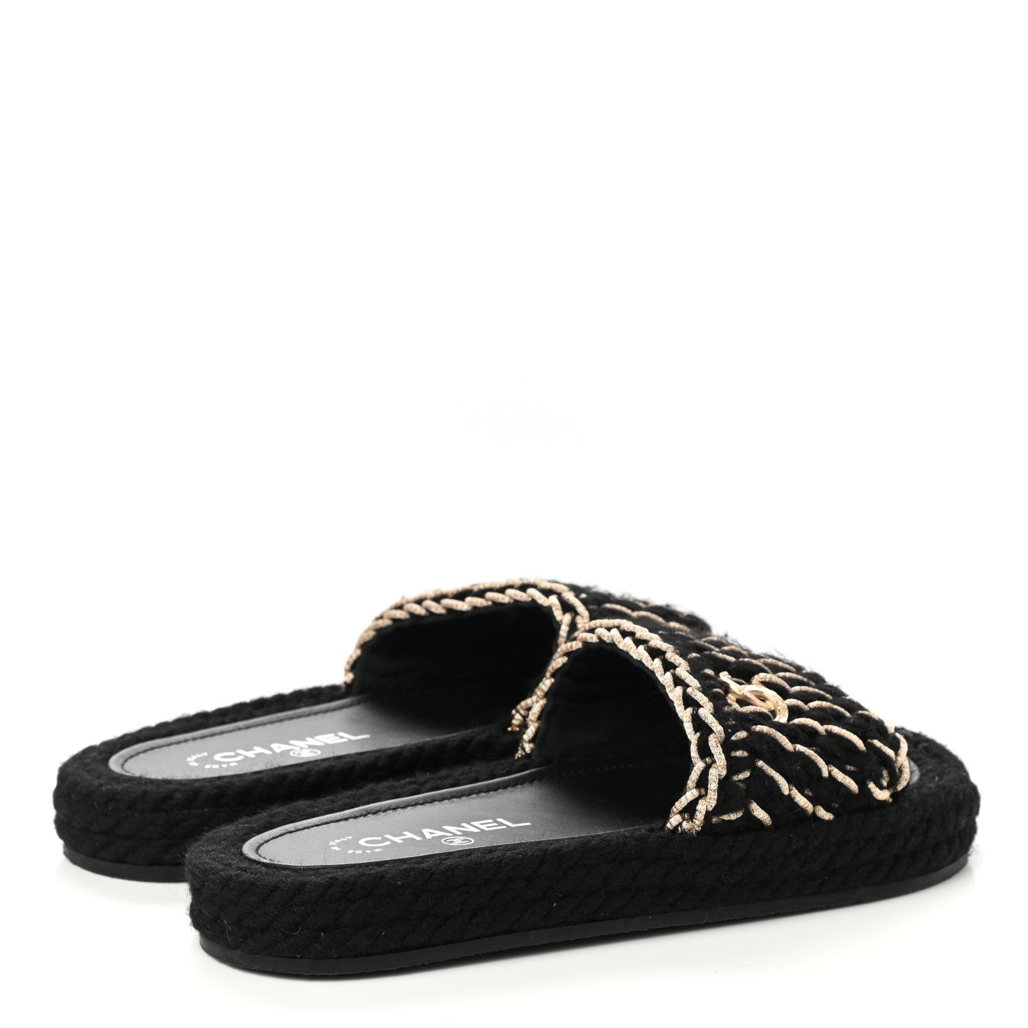 Chanel Braided Knit CC Mules 38 Black Gold 4 of 9