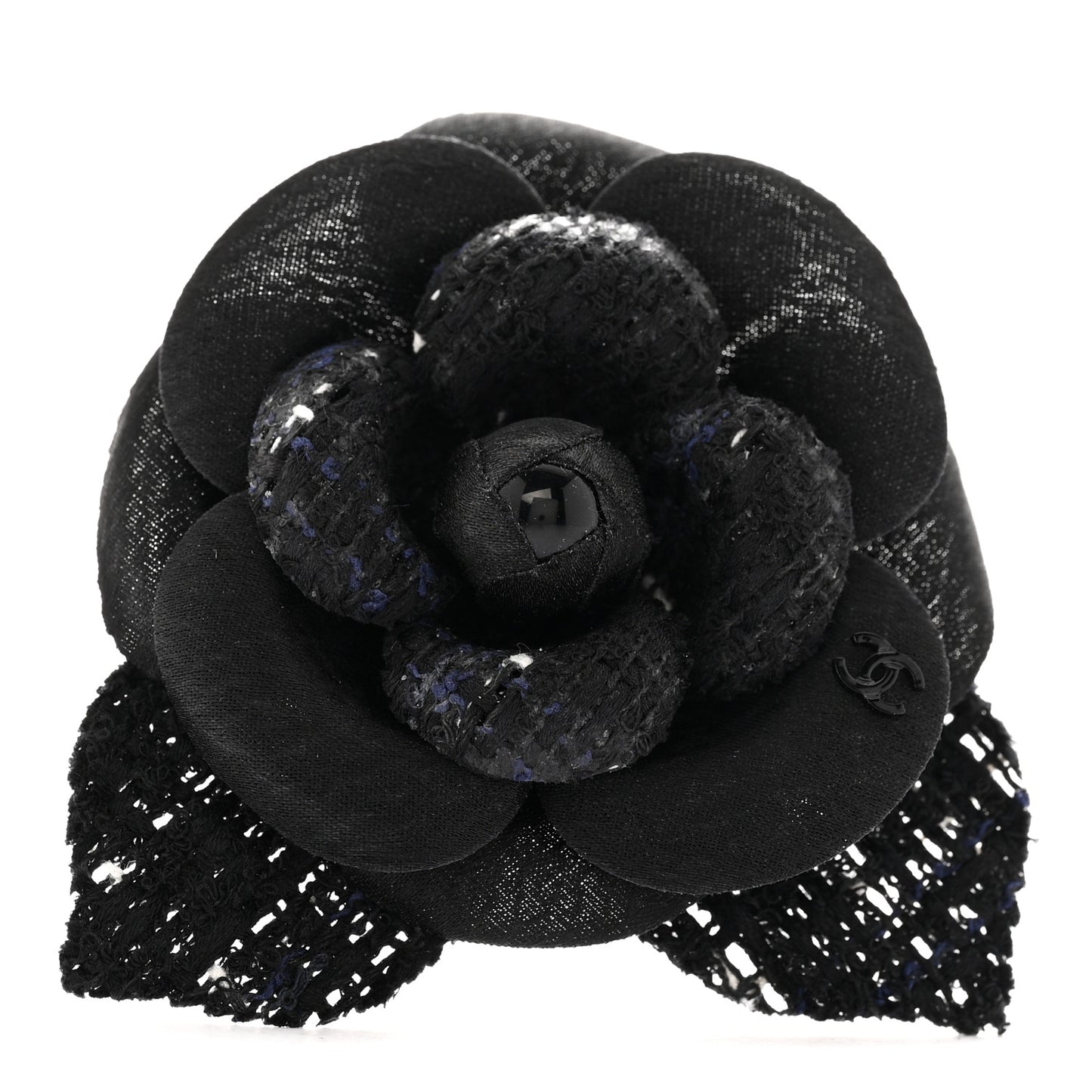 Tweed Fabric Camellia Pin Brooch Black