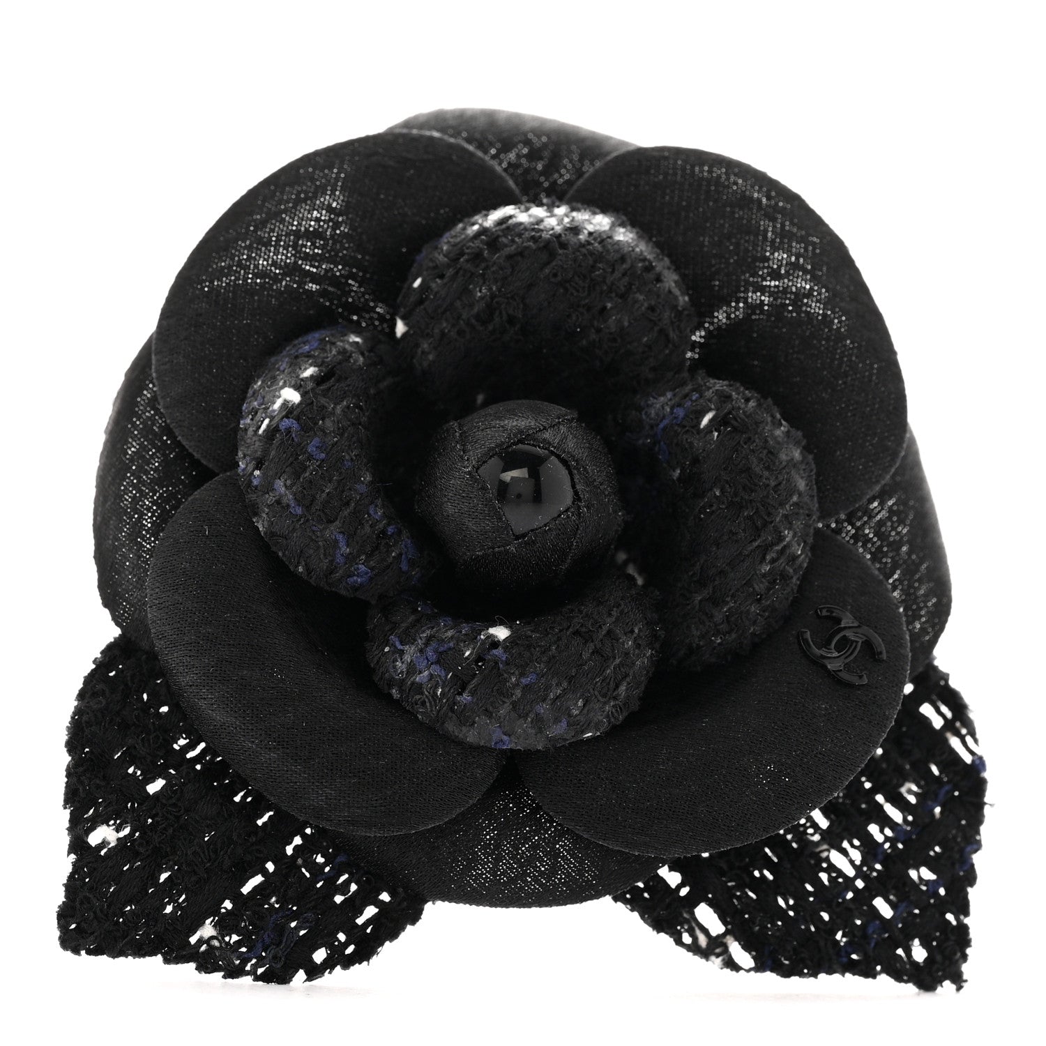 Chanel Tweed Fabric Camellia Pin Brooch Black 1 of 3