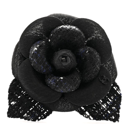 Chanel Tweed Fabric Camellia Pin Brooch Black 1 of 3