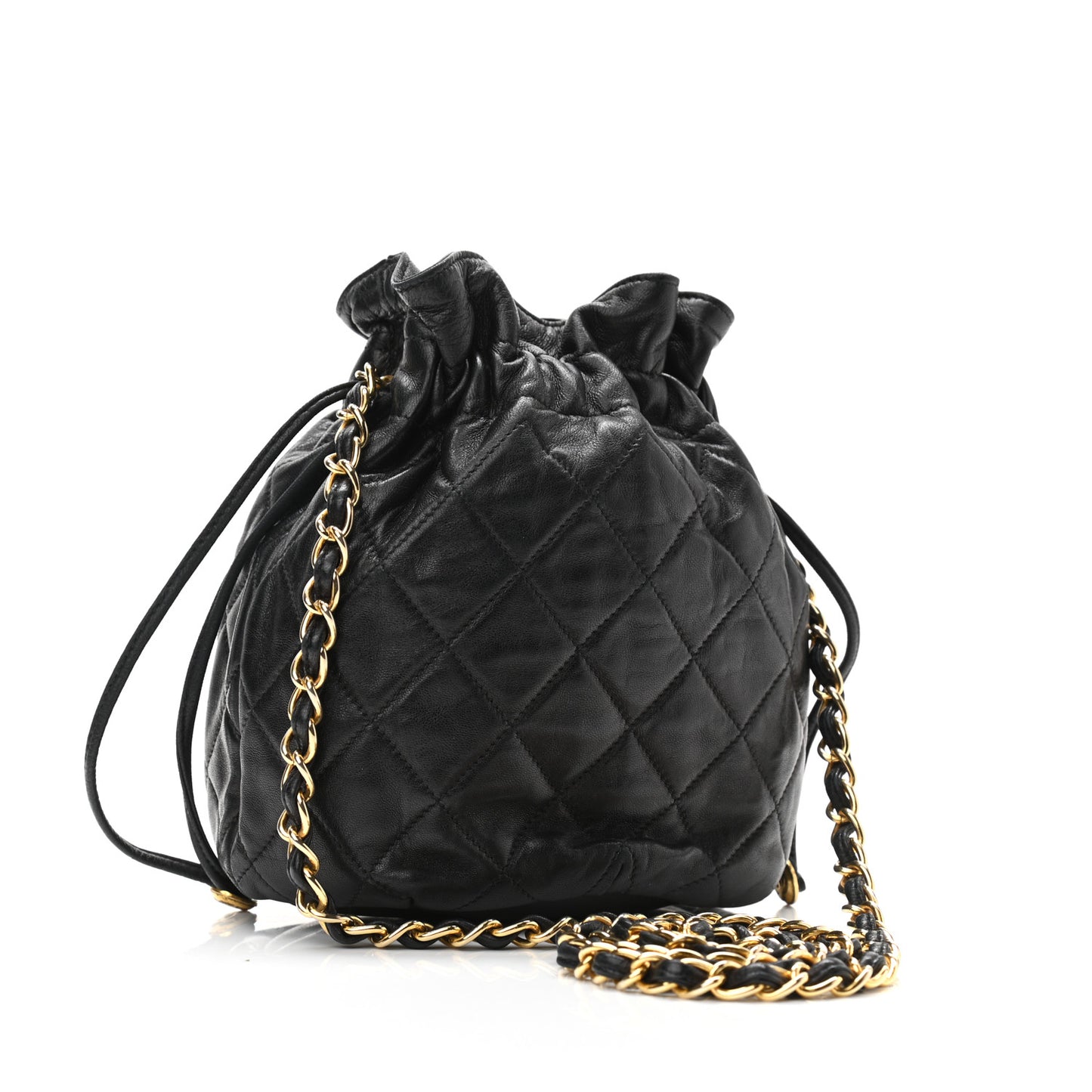 Lambskin Quilted Drawstring Shoulder Bag Black