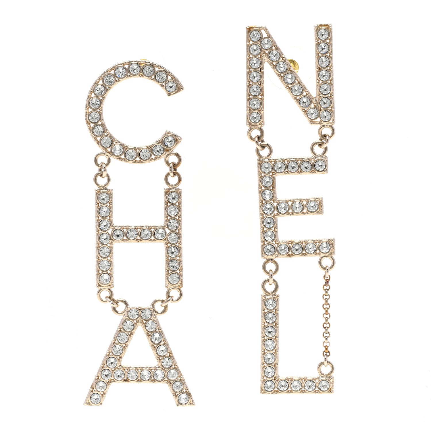 Chanel Crystal Cha-Nel Logo Drop Earrings Gold 1 of 5