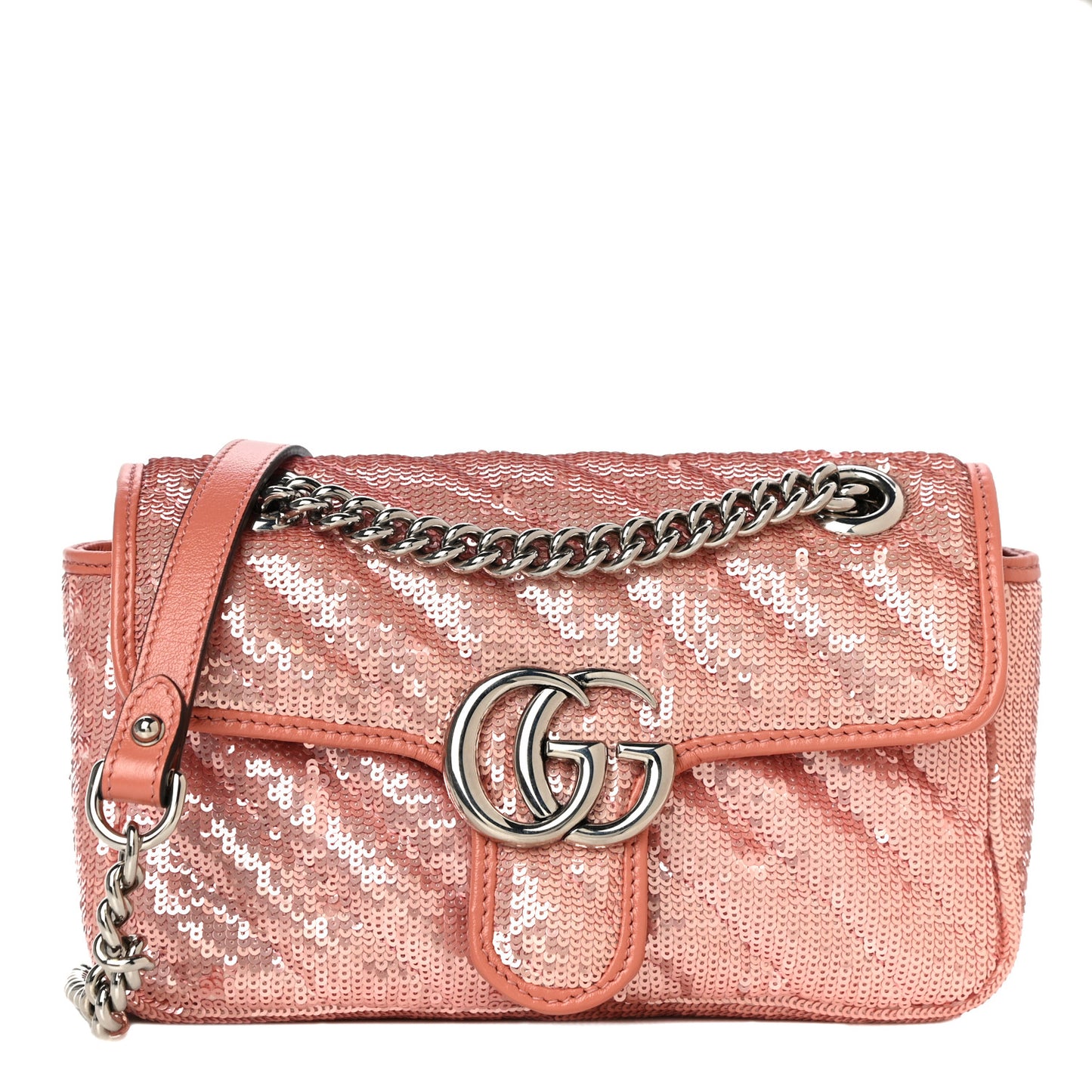 Sequin Matelasse Diagonal Mini GG Marmont Shoulder Bag Antique Rose Rosa Pale Pink