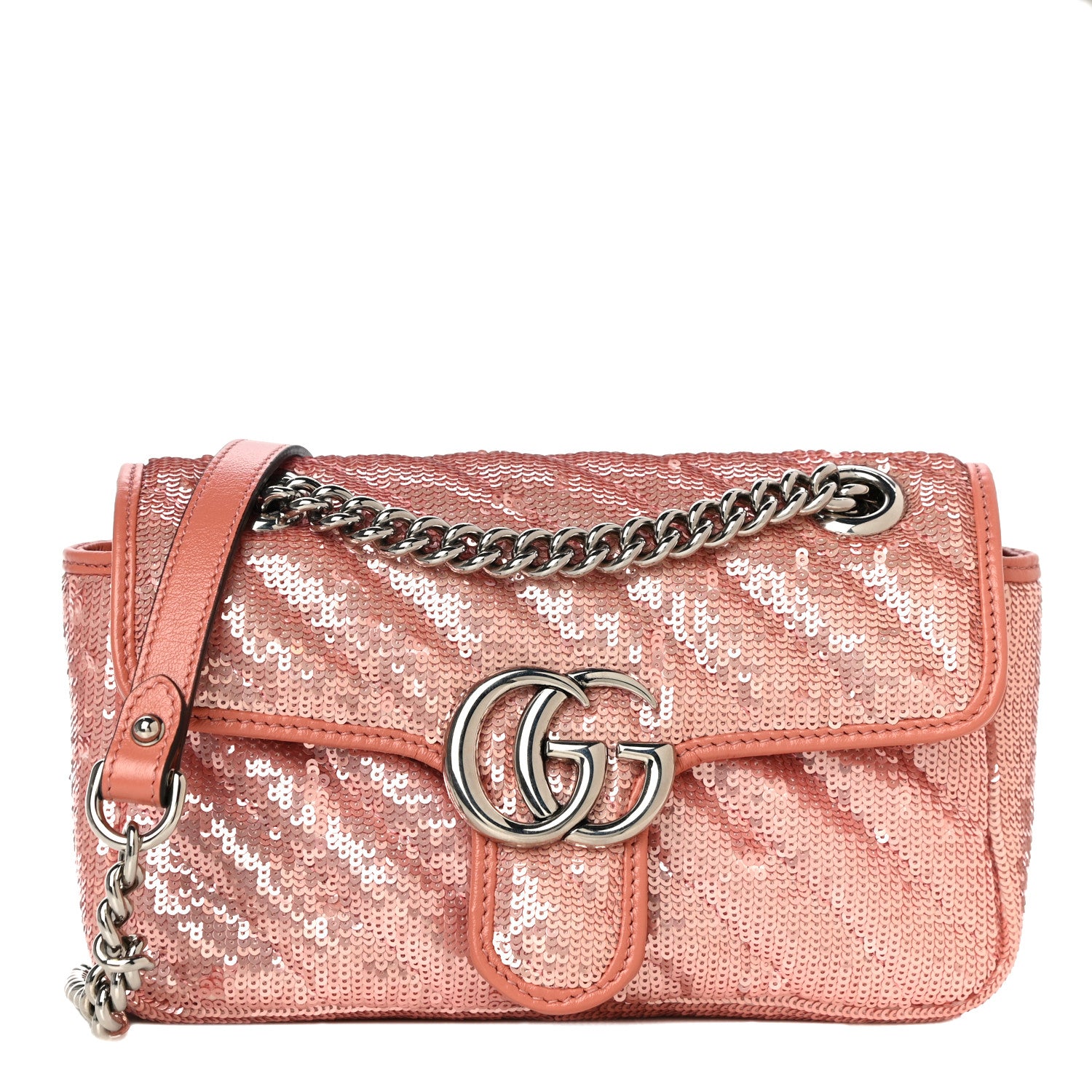 Gucci Sequin Matelasse Diagonal Mini GG Marmont Shoulder Bag Antique Rose Rosa Pale Pink 1 of 11