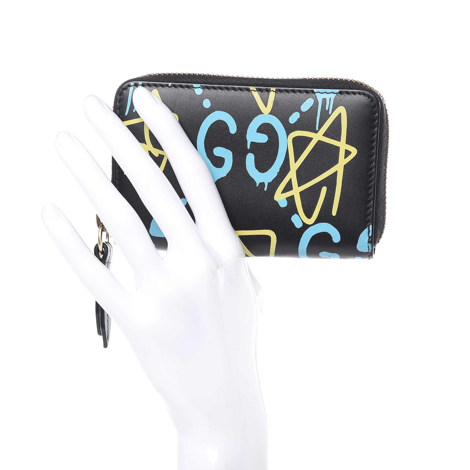 Gucci Calfskin GucciGhost Zip Around Card Case Black New Acquamarine 3 of 10