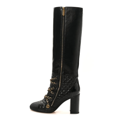 Chanel Lambskin Grosgrain Patent Chained High Boots 38 Black 1 of 10