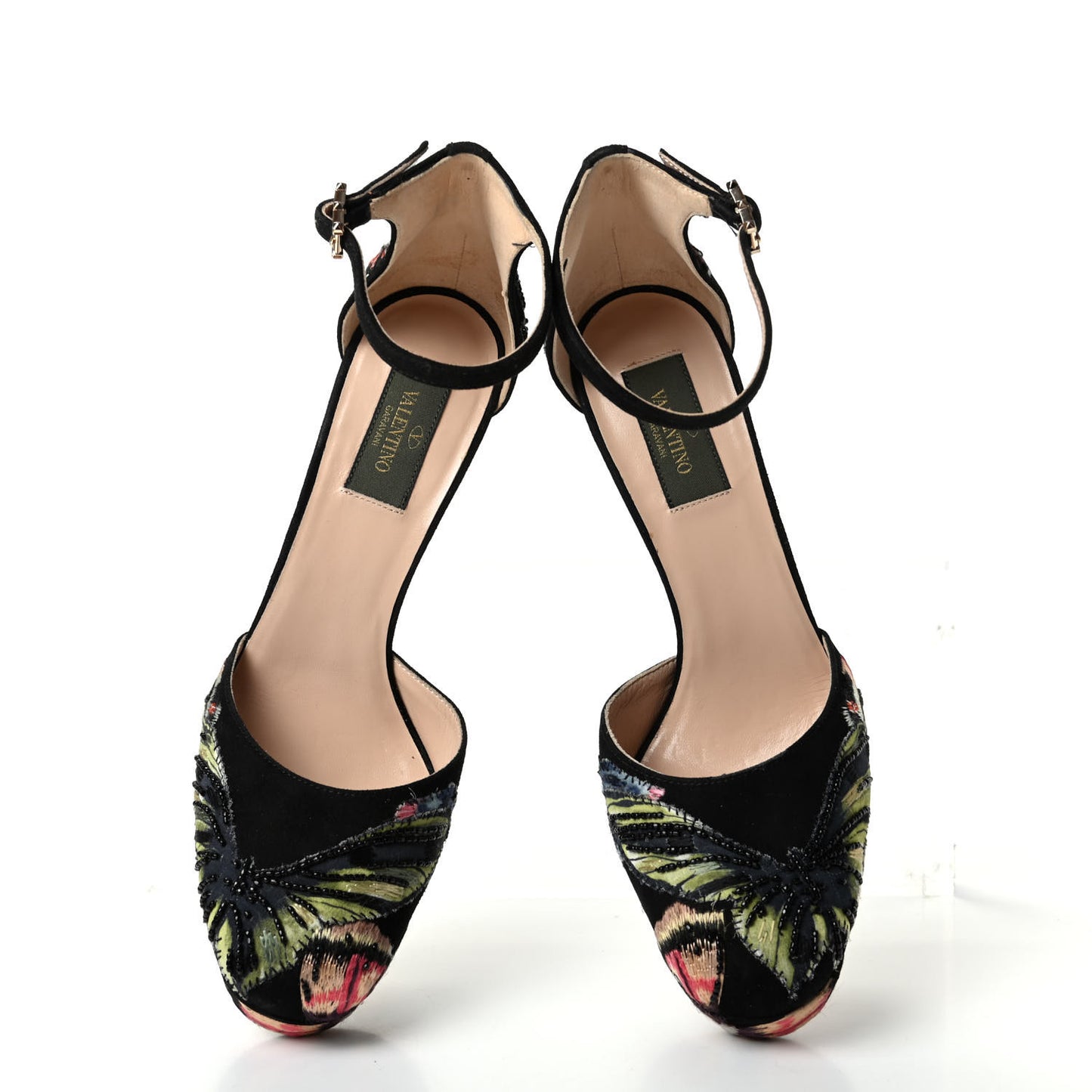 Suede Butterfly Embroidered d'Orsay Ankle Strap Platform Pumps 37.5 Black