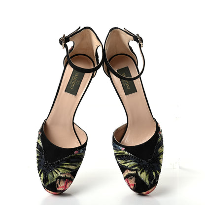 Valentino Garavani Suede Butterfly Embroidered d'Orsay Ankle Strap Platform Pumps 37.5 Black 5 of 10