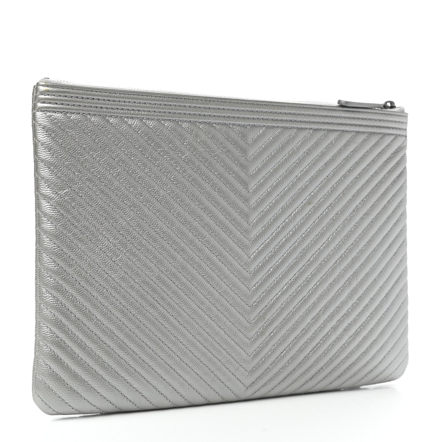 Metallic Caviar Chevron Quilted Medium Boy Cosmetic Case Silver