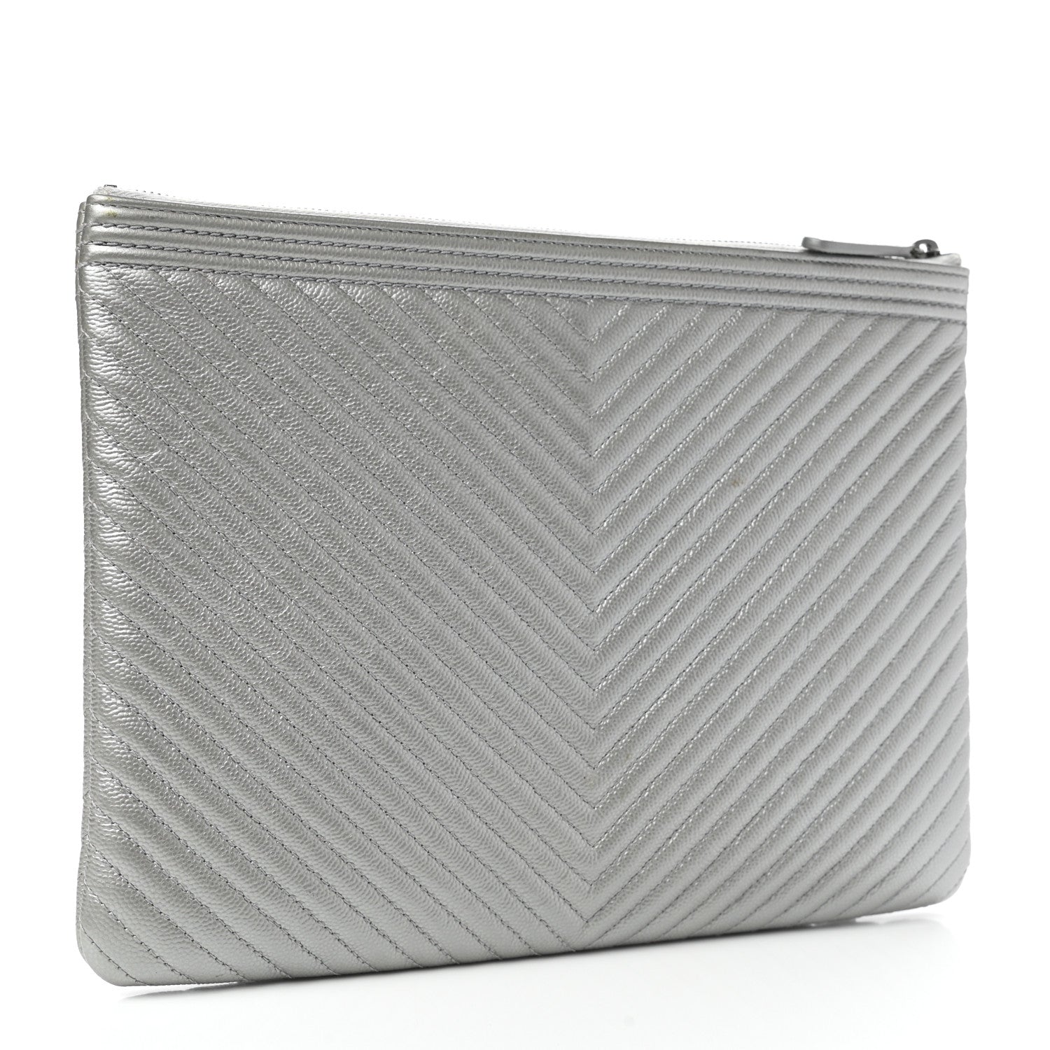 Chanel Metallic Caviar Chevron Quilted Medium Boy Cosmetic Case Silver 3 of 9