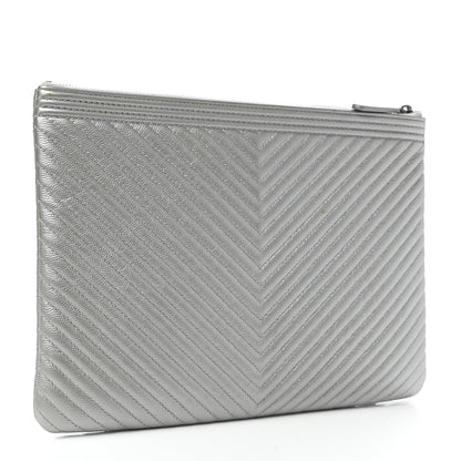 Chanel Metallic Caviar Chevron Quilted Medium Boy Cosmetic Case Silver 3 of 9
