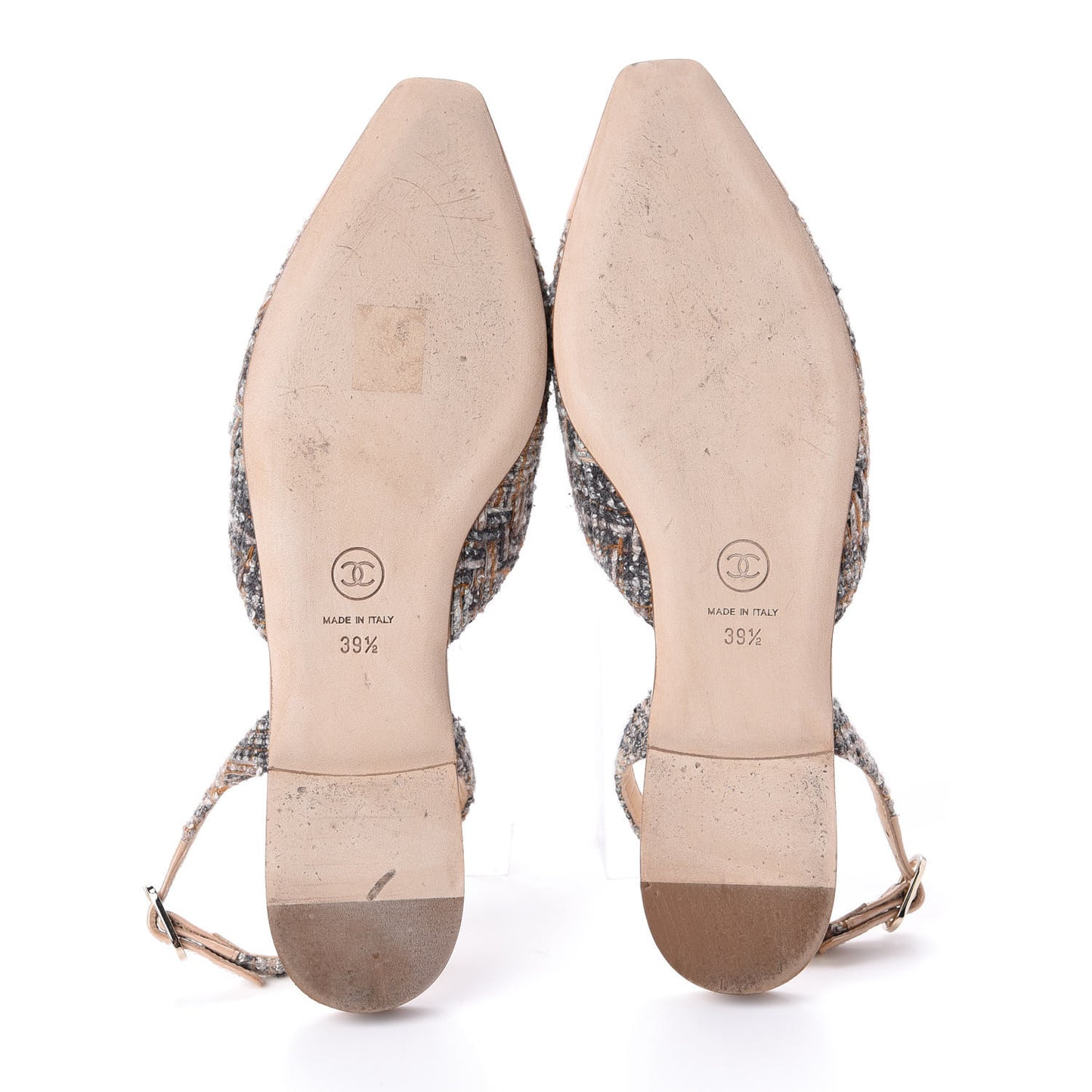 Tweed Patent Camellia Toe CC Slingback Pumps 39.5 Beige Gray