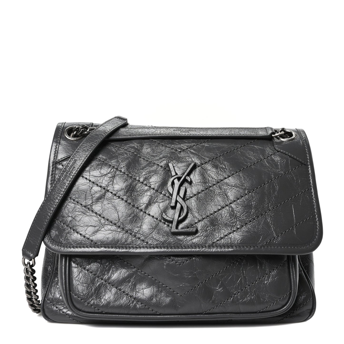 Crinkled Calfskin Matelasse Monogram Medium Niki Chain Satchel Storm