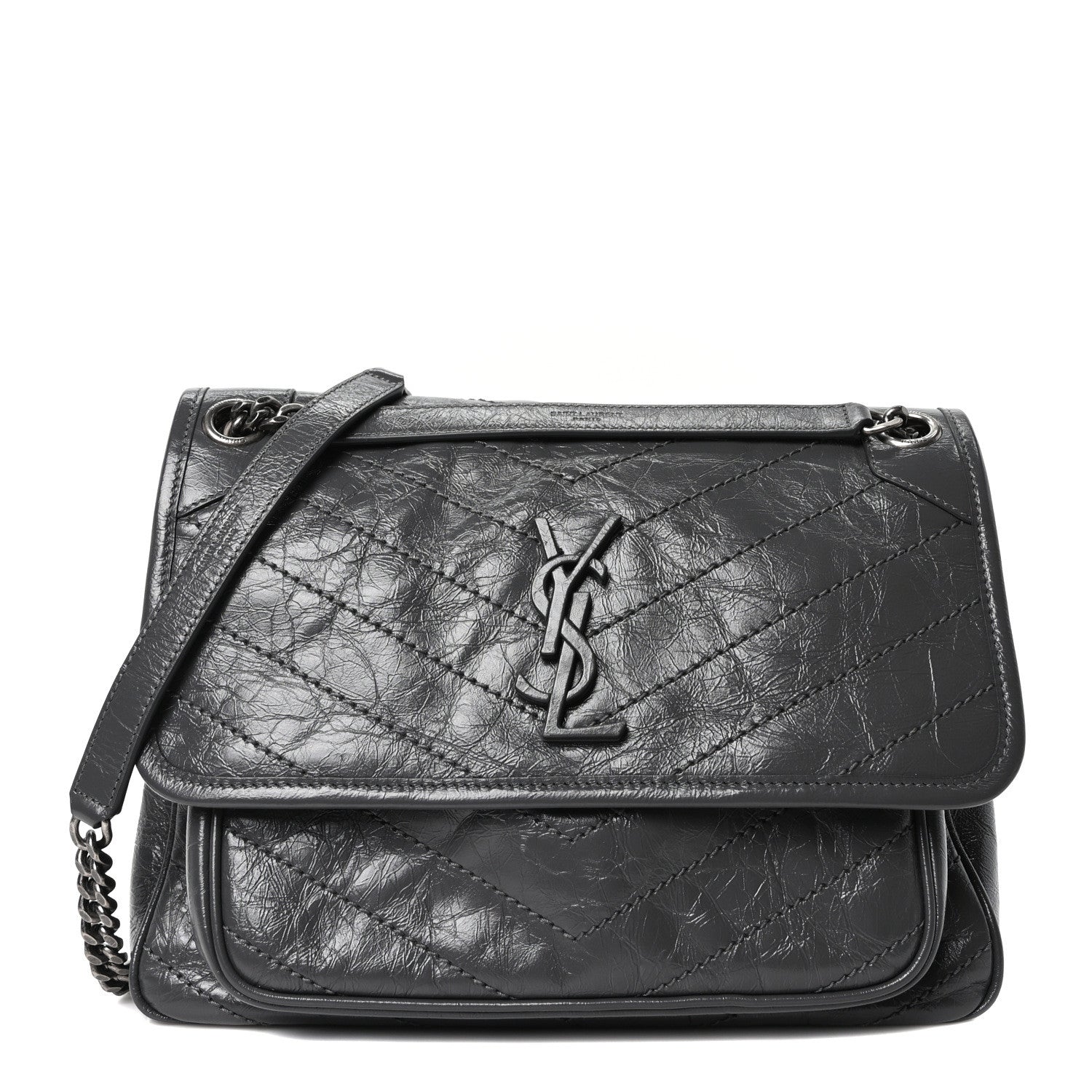 Saint Laurent Crinkled Calfskin Matelasse Monogram Medium Niki Chain Satchel Storm 1 of 10