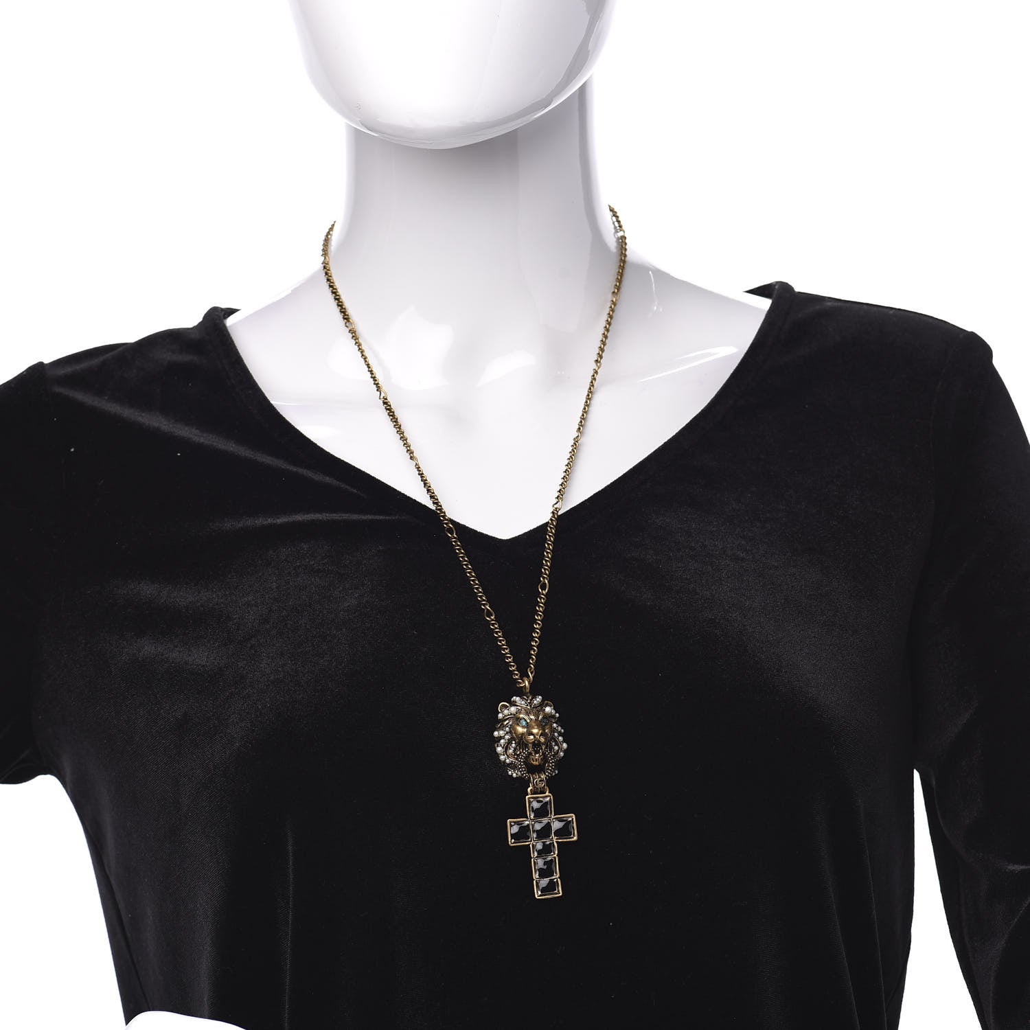 Gucci Metal Lion Head Pearl Crystal Crucifix Necklace Aged Gold 2 of 5