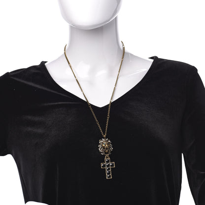 Gucci Metal Lion Head Pearl Crystal Crucifix Necklace Aged Gold 2 of 5