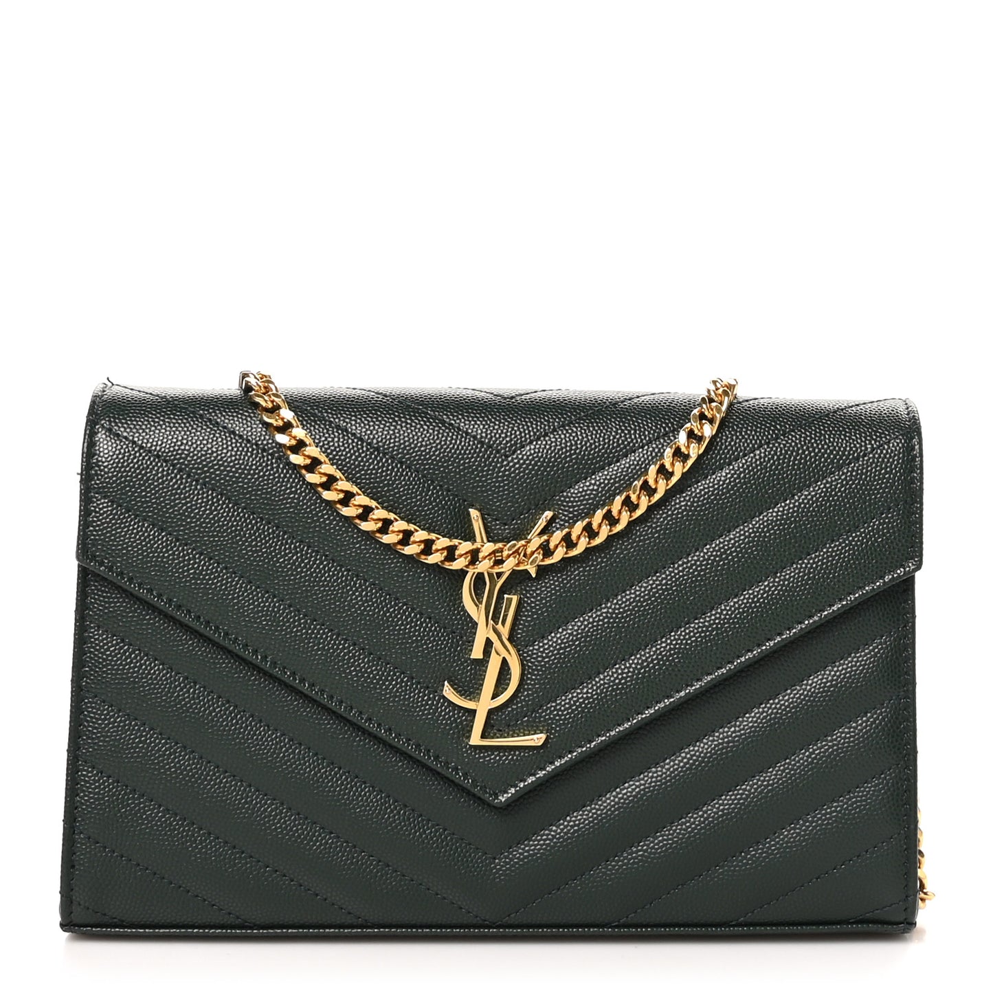 Grain De Poudre Matelasse Chevron Monogram Chain Wallet Vert Fonce
