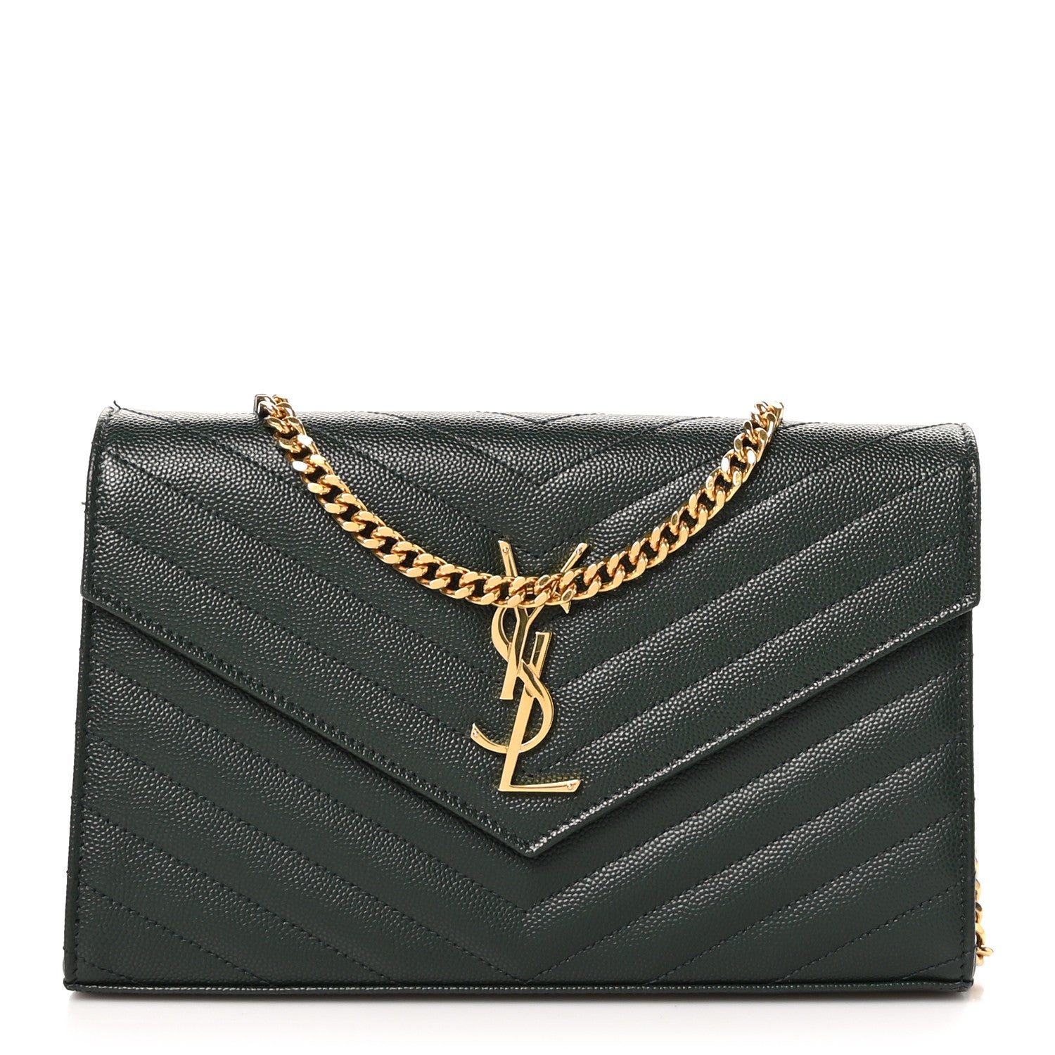 Saint Laurent Grain De Poudre Matelasse Chevron Monogram Chain Wallet Vert Fonce 1 of 11