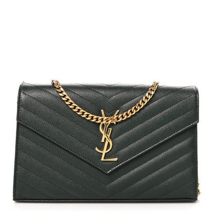Saint Laurent Grain De Poudre Matelasse Chevron Monogram Chain Wallet Vert Fonce 1 of 11