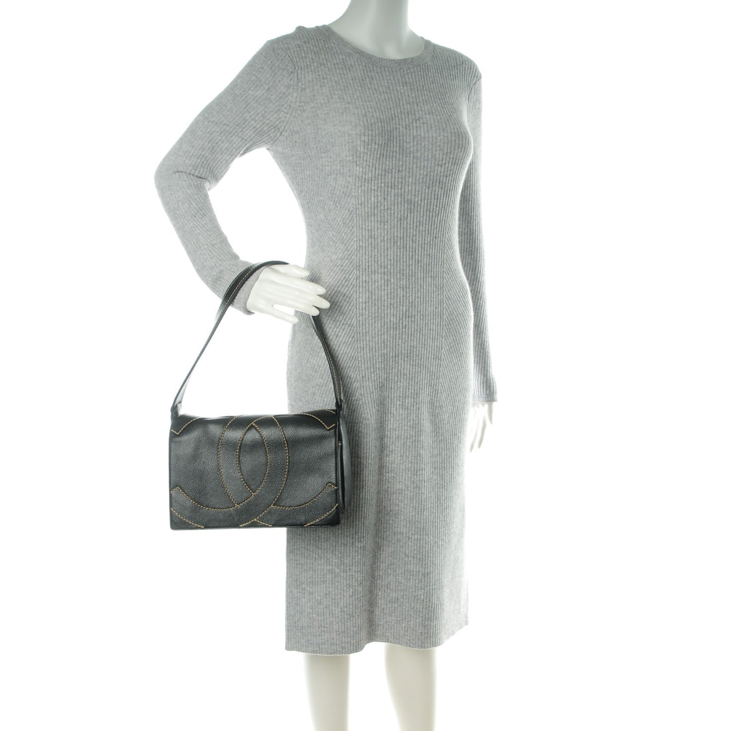Caviar CC Stitched Medium Flap Shoulder Bag Black