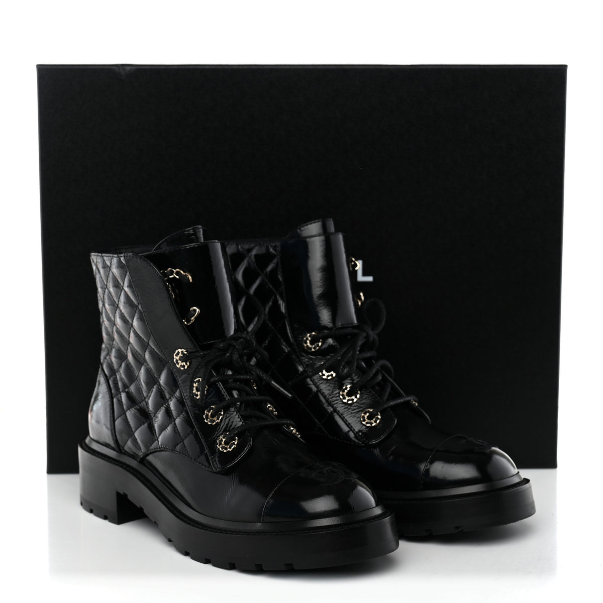 Shiny Goatskin Calfskin Quilted Lace Up Combat Boots 38 Black