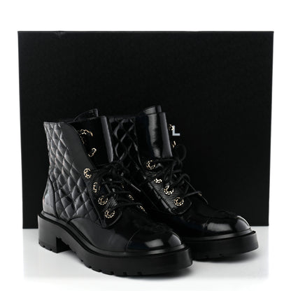 Chanel Shiny Goatskin Calfskin Quilted Lace Up Combat Boots 38 Black 11 of 11