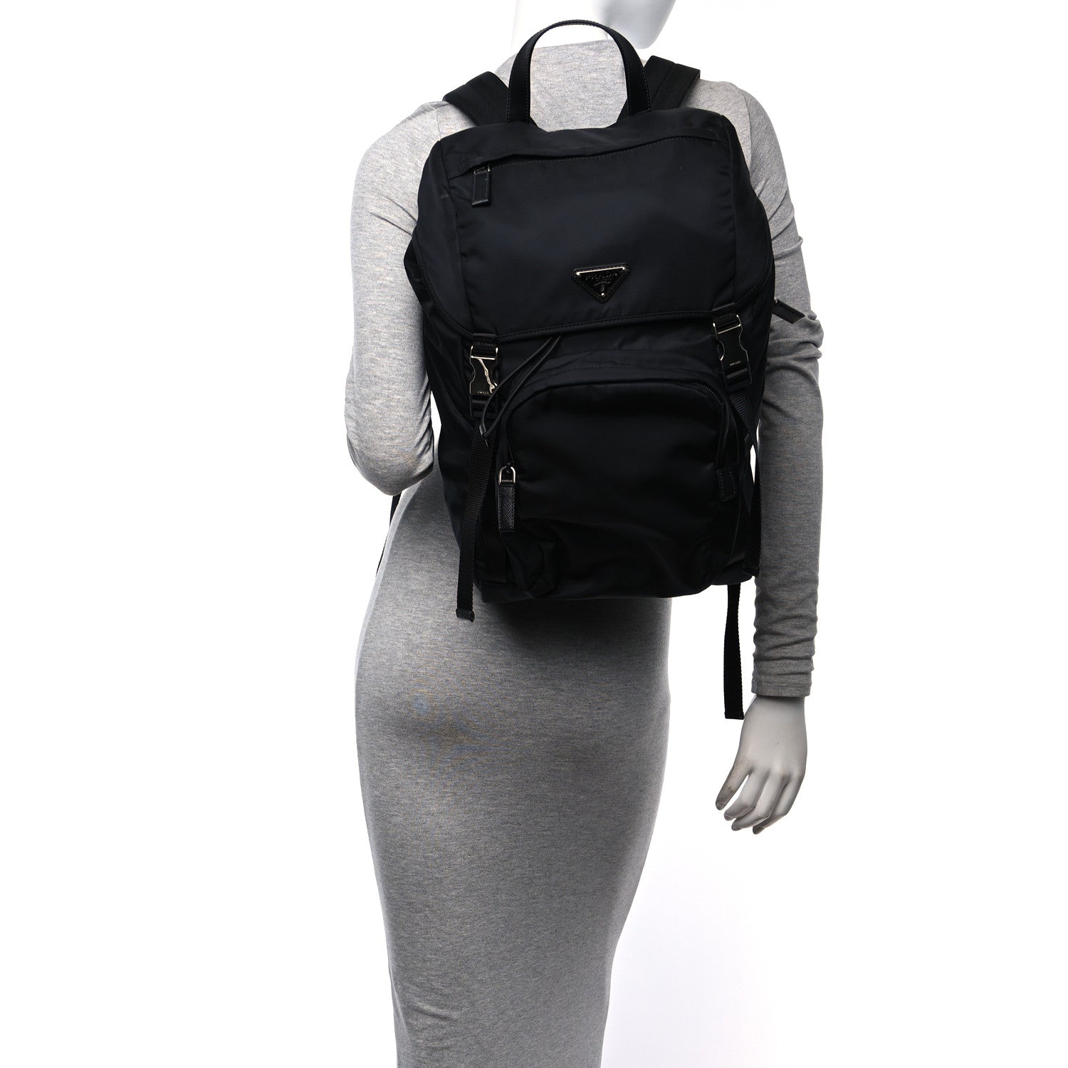 Prada Re-Nylon Saffiano Logo Double Buckle Backpack Black 2 of 9