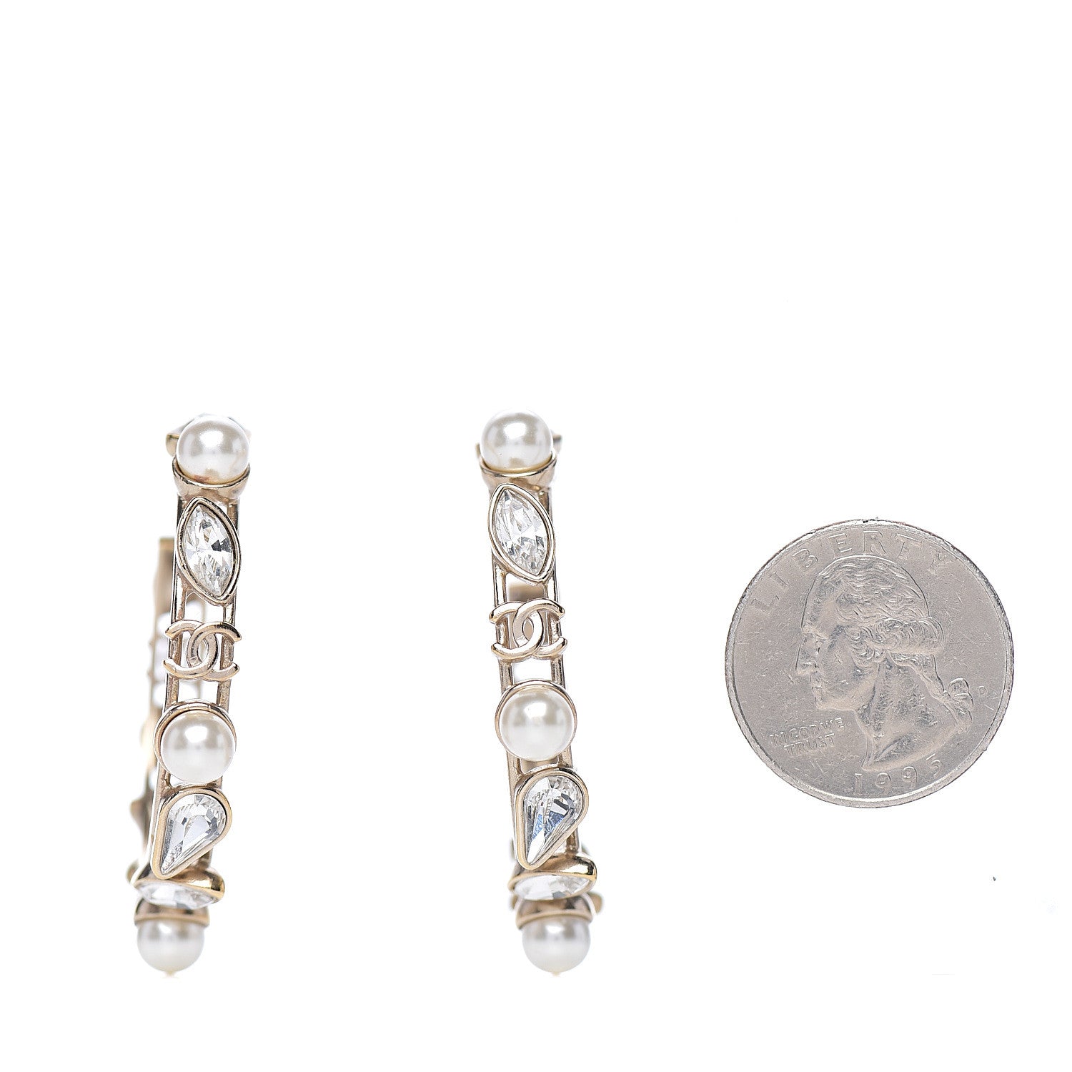 Chanel Glass Pearl Strass Snowfall Hoop Earrings Gold 2 of 4