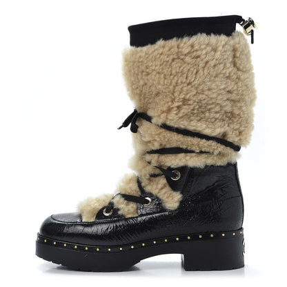 Chanel Patent Shearling Lace Up Boot 39 Black 1 of 9