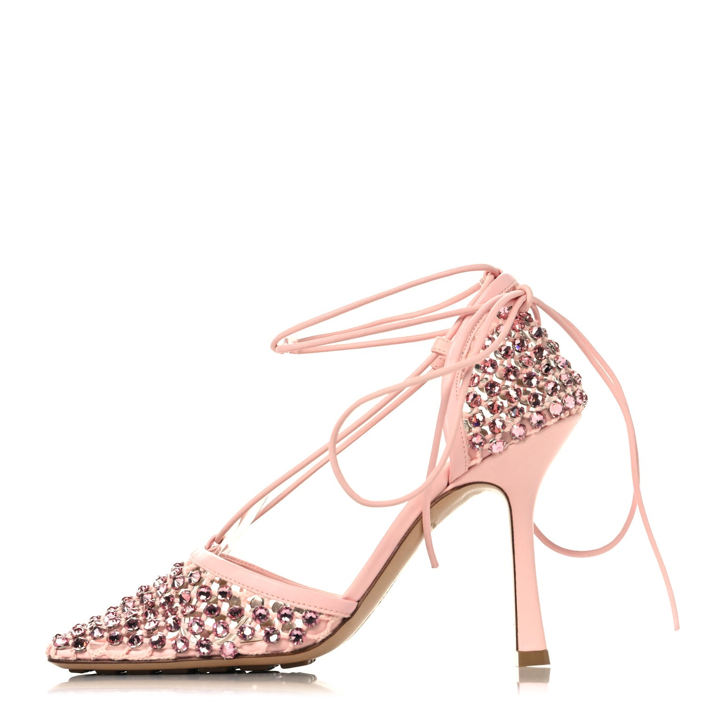 Mesh Nappa Crystal Embellished Sparkle Stretch Ankle Tie 90mm Sandals 38 Camellia