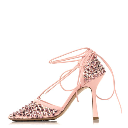 Bottega Veneta Mesh Nappa Crystal Embellished Sparkle Stretch Ankle Tie 90mm Sandals 38 Camellia 1 of 9