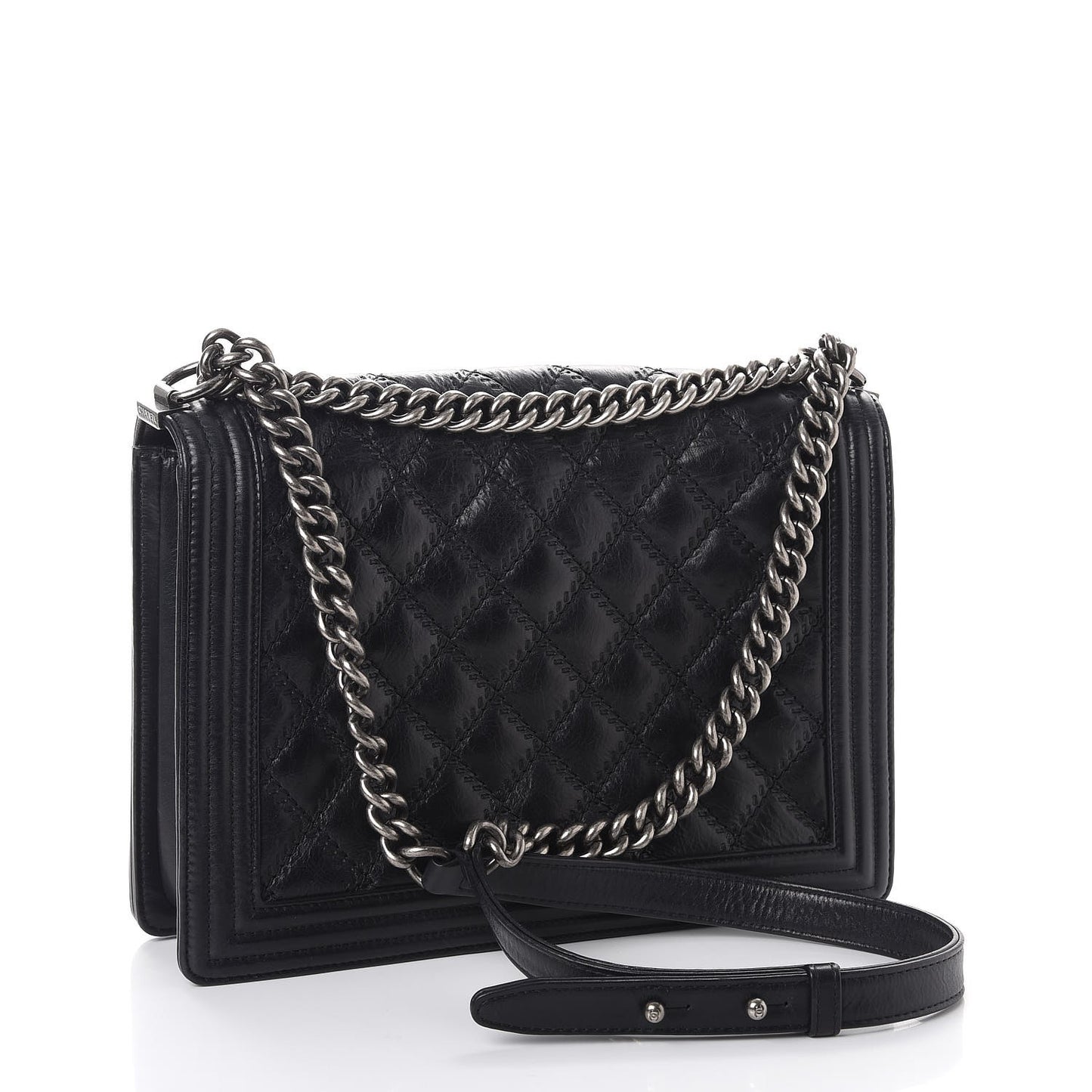 Calfskin Embossed Stitch Large Boy Flap Black