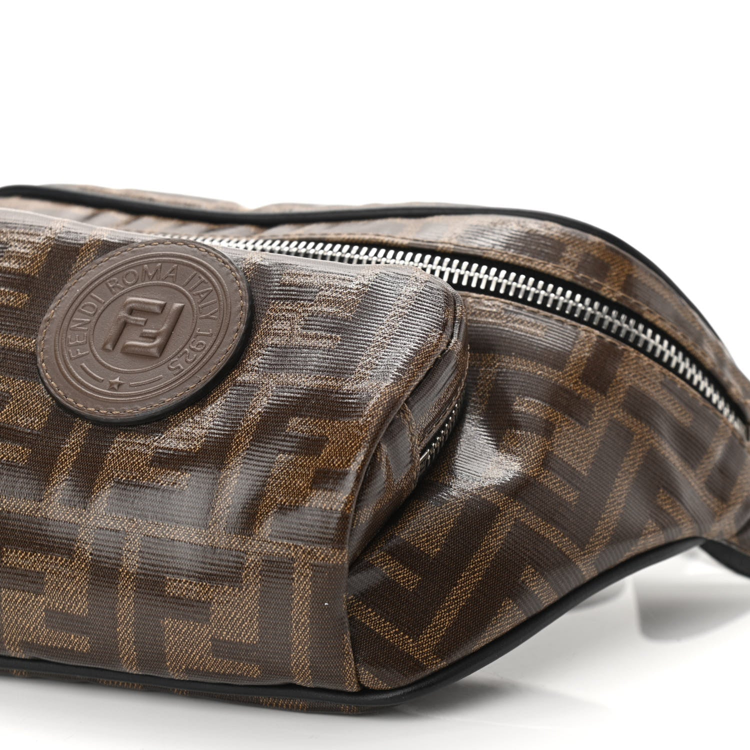 Fendi Glazed Fabric Vitello Century FF 1974 Stamp Patch Mens Pocket Belt Bag Mogano Panna Black 10 of 10