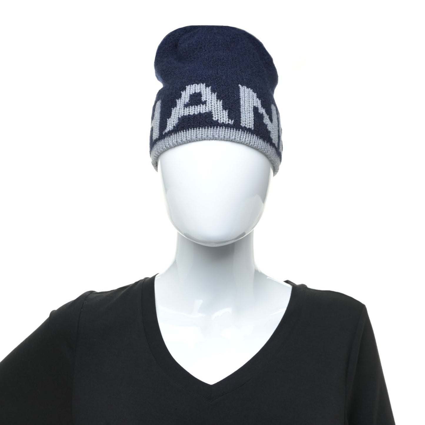 Cashmere Wool Silk Logo Beanie Hat Navy Blue Grey