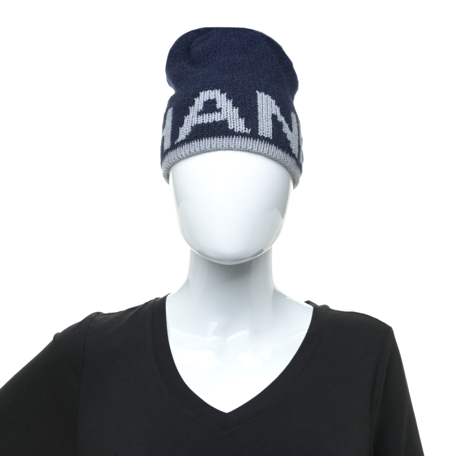 Chanel Cashmere Wool Silk Logo Beanie Hat Navy Blue Grey 2 of 5