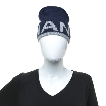 Chanel Cashmere Wool Silk Logo Beanie Hat Navy Blue Grey 2 of 5