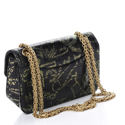 Chanel Calfskin Crocodile Embossed Graffiti 2.55 Mini Cocodile Reissue Flap Black Pink 3 of 11