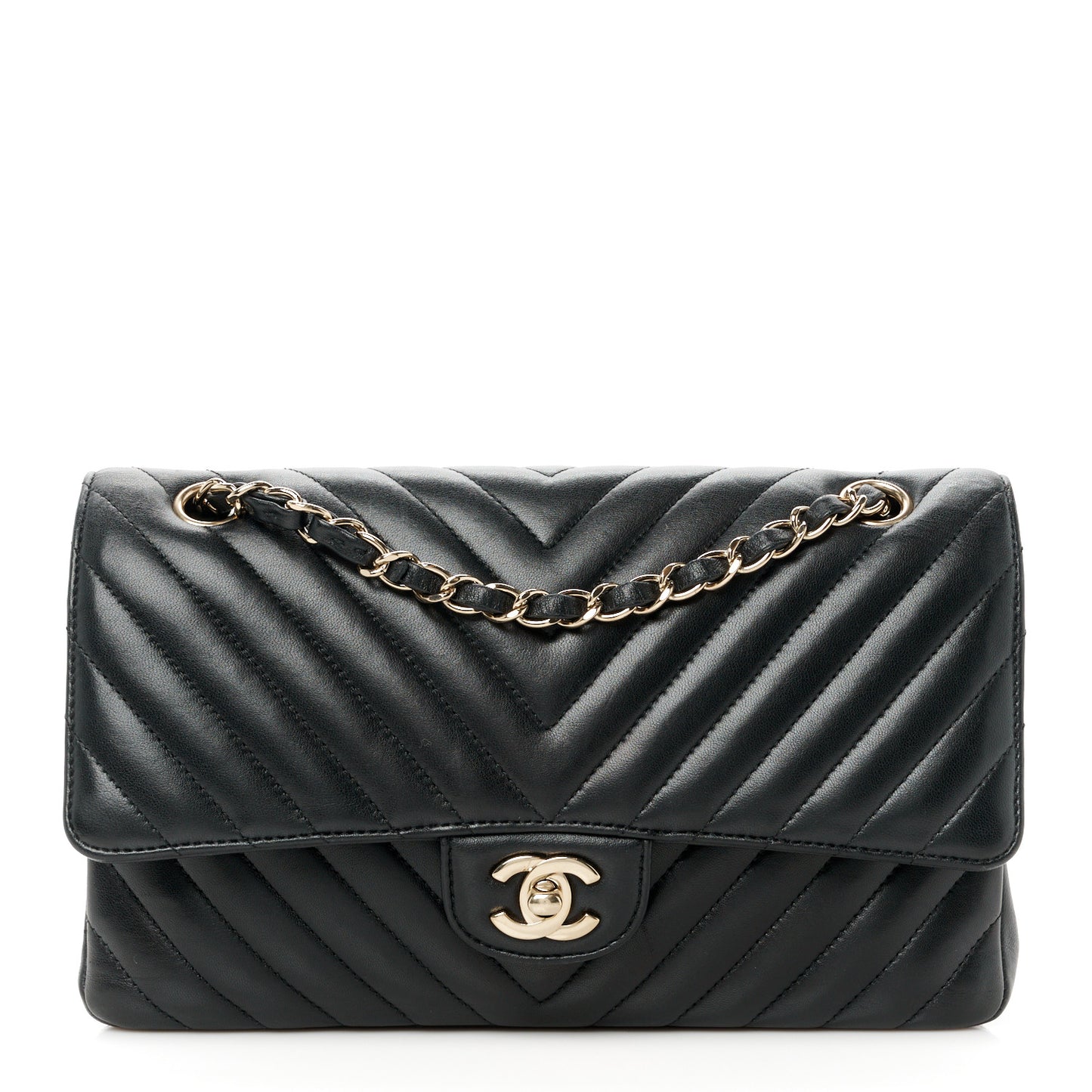 Lambskin Chevron Quilted Medium Double Flap Black