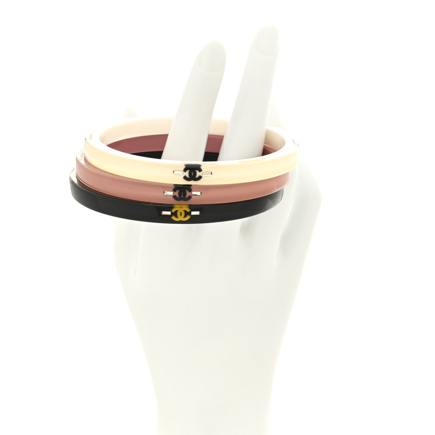 Chanel Resin CC Bangle Bracelet Set of 3 White Pink Black 2 of 5