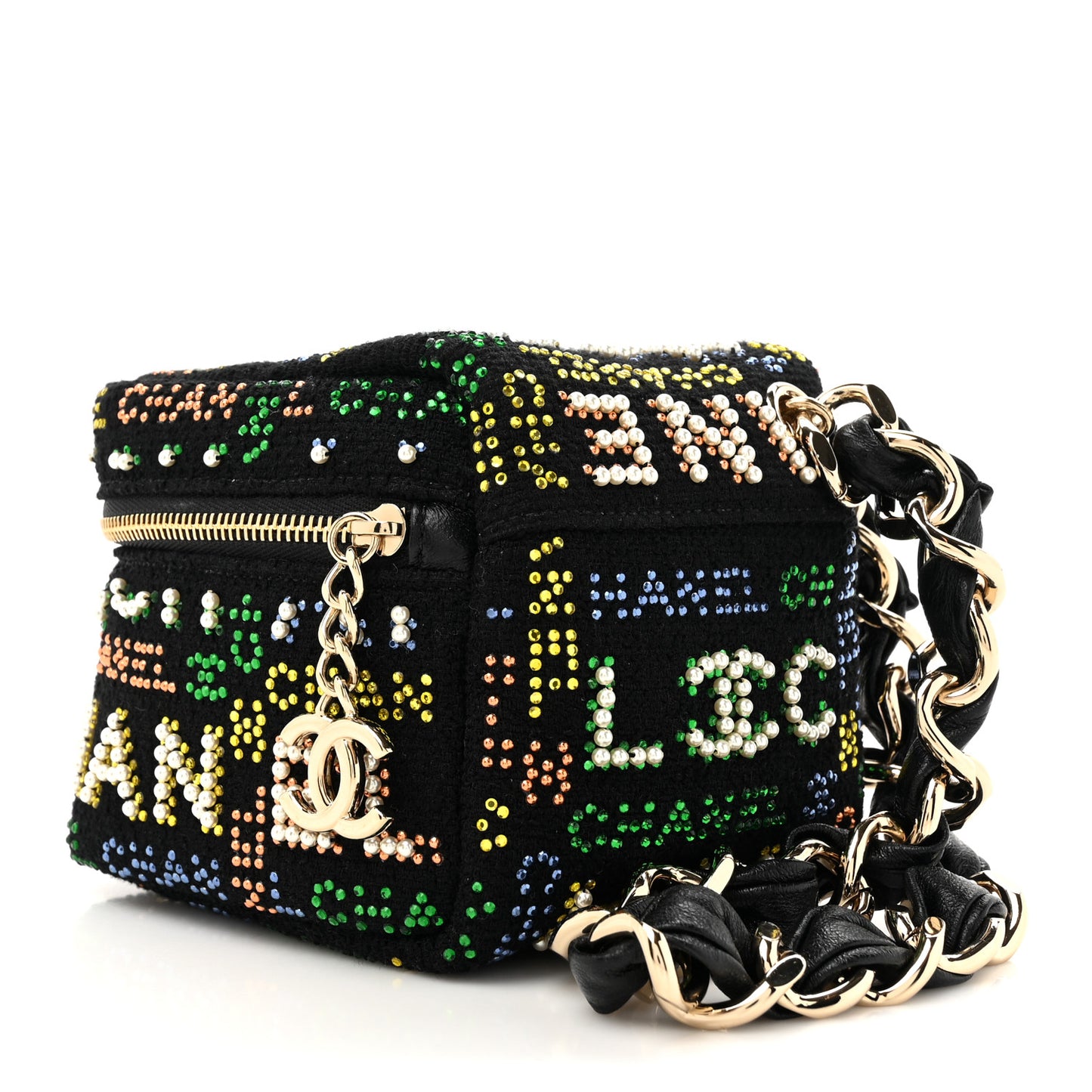 Tweed Pearl Studded Vanity Wrist Case With Chain Black Multicolor