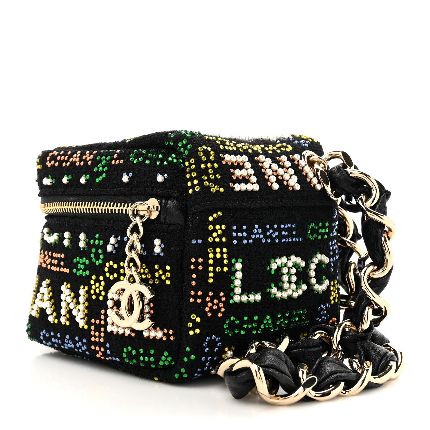 Chanel Tweed Pearl Studded Vanity Wrist Case With Chain Black Multicolor 3 of 11