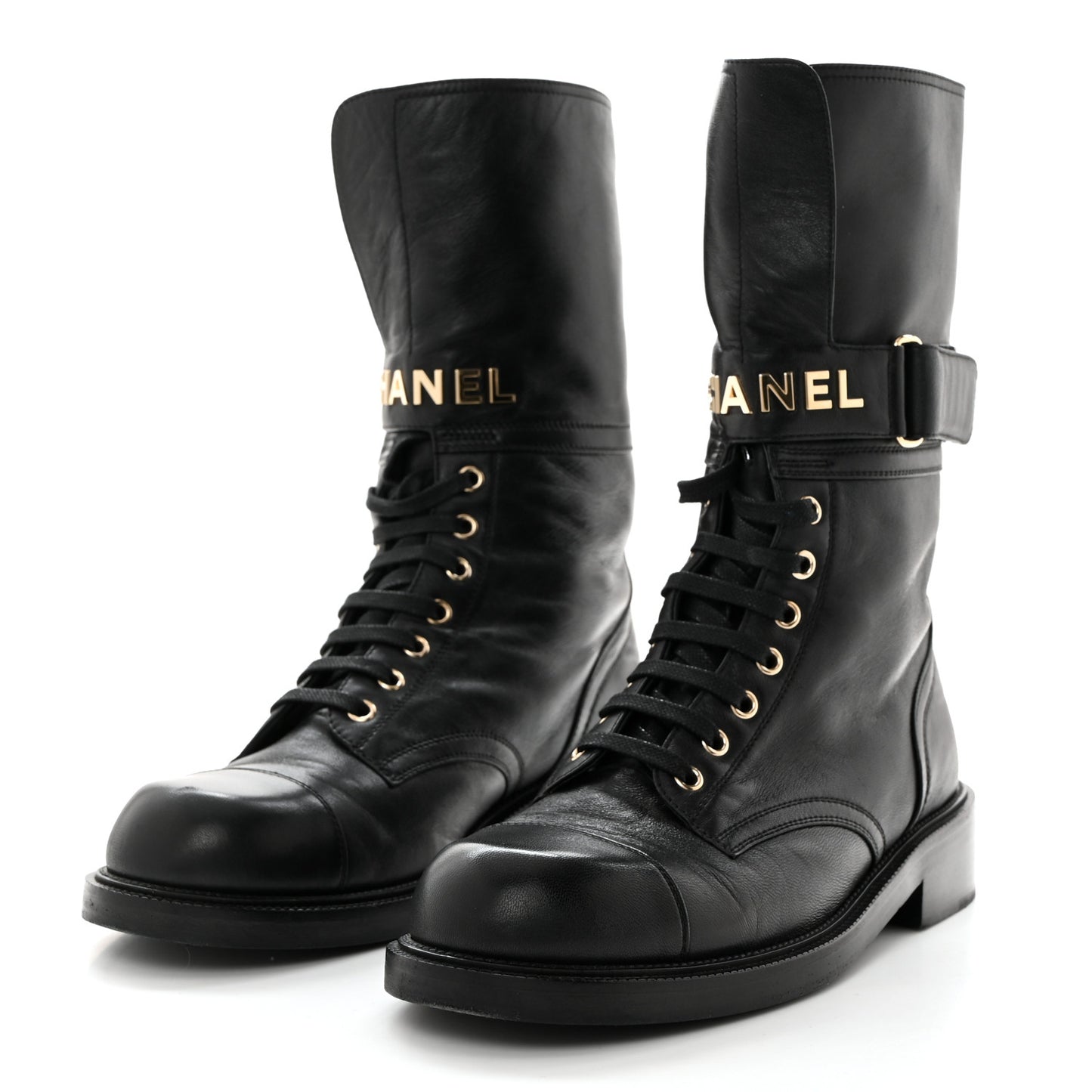 Shiny Calfskin Lace Up Combat Boots 41 Black
