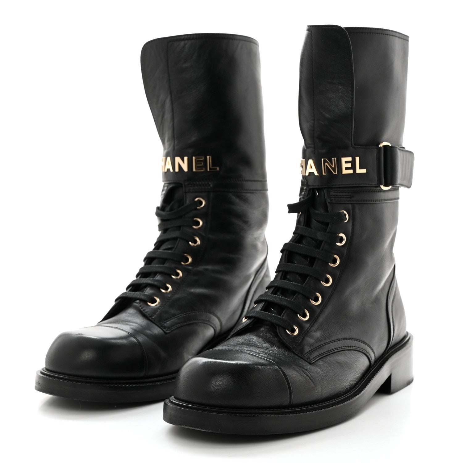 Chanel Shiny Calfskin Lace Up Combat Boots 41 Black 3 of 8