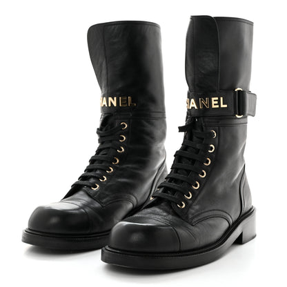 Chanel Shiny Calfskin Lace Up Combat Boots 41 Black 3 of 8