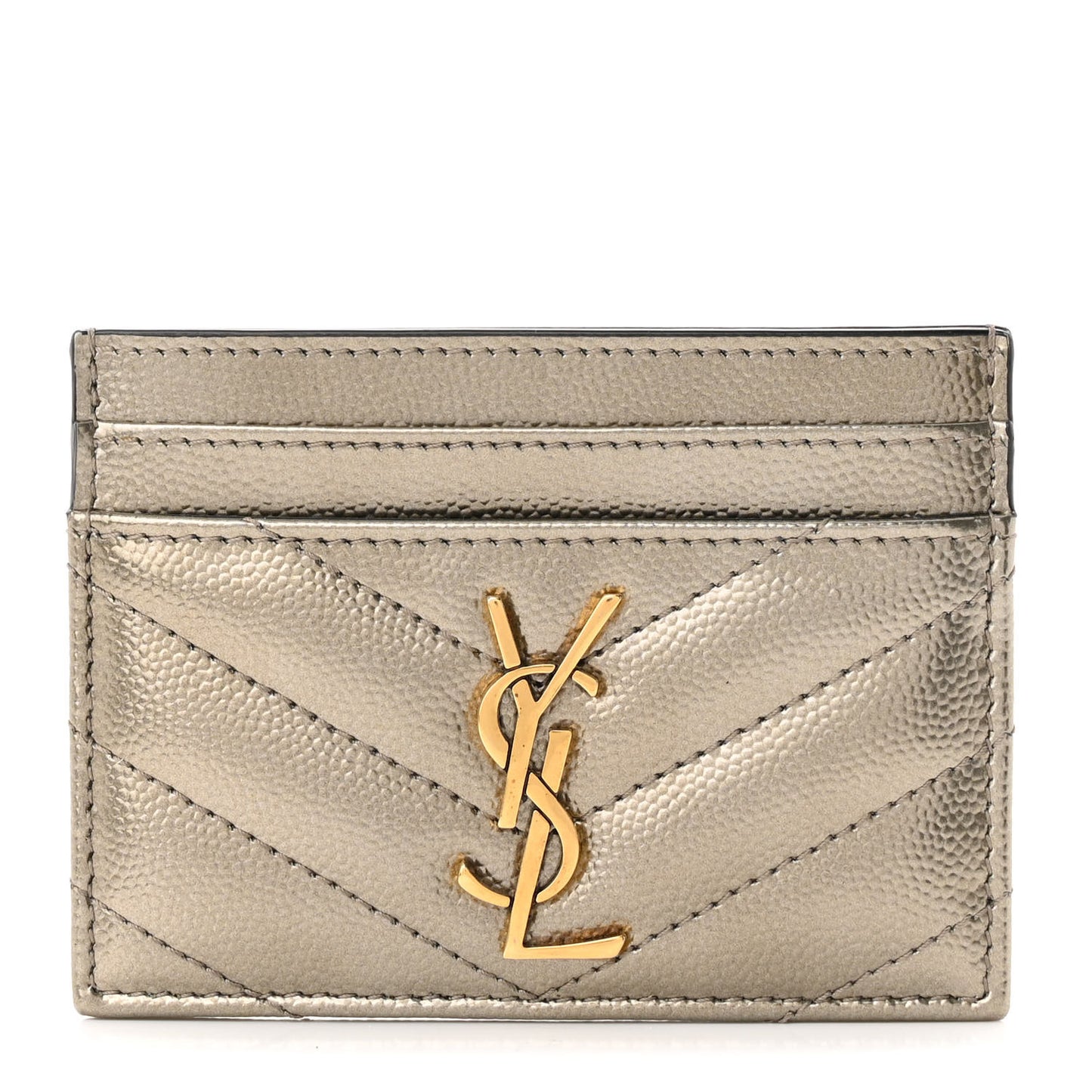 Metallic Grain De Poudre Matelasse Chevron Monogram Credit Card Case Piombo